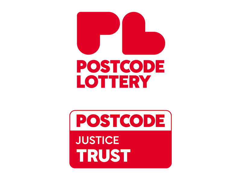 A red logo for Postcode Lottery and Postcode Justice Trust.