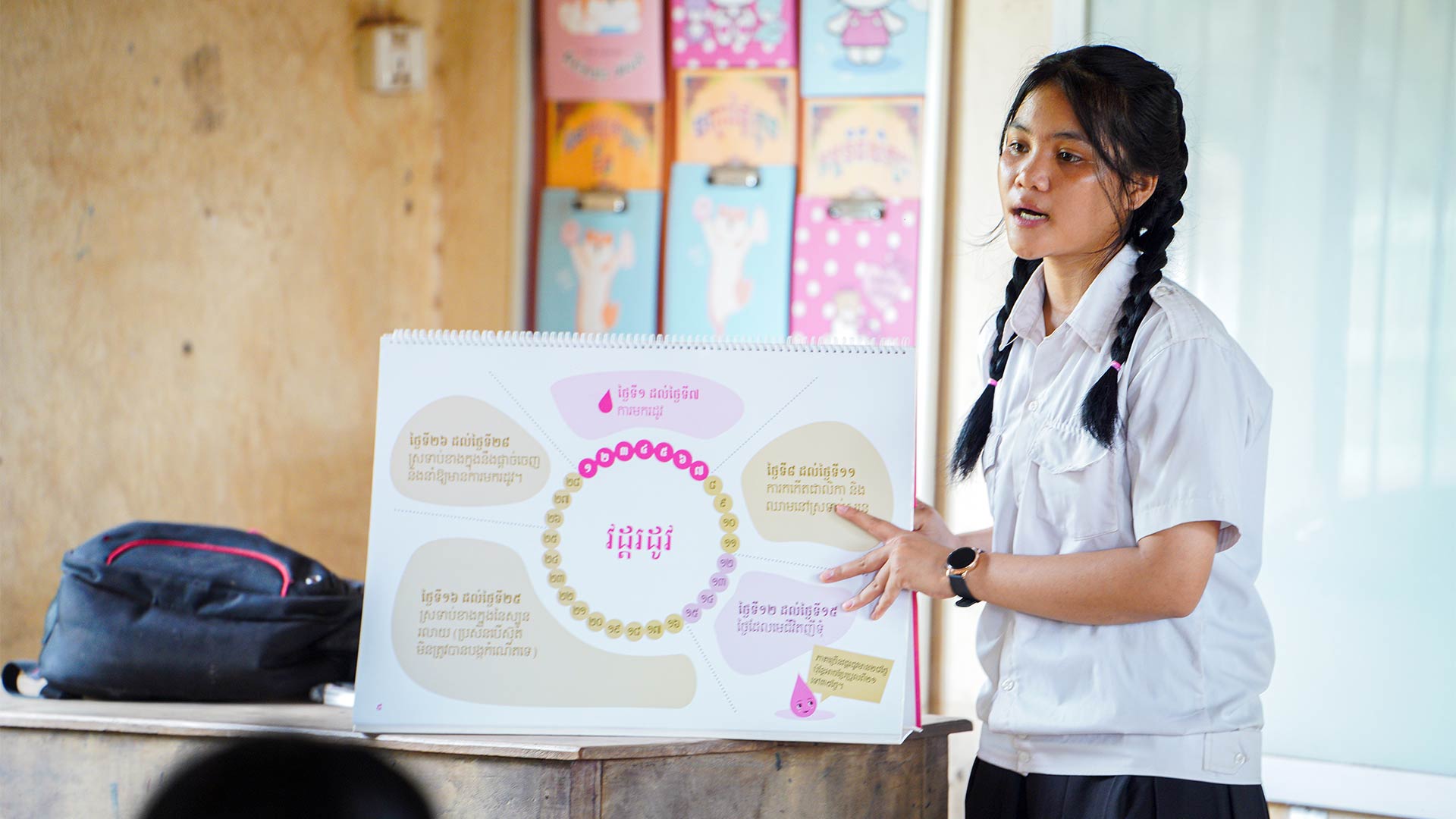 Sopheak teaching at front of classroom