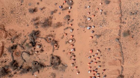 A birds eye view of a camp for displaced families during extreme drought in Somalia.
