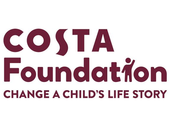 Costa foundation logo that says costa foundation change a child's life. The letter i in foundation is an illustration of a person waving