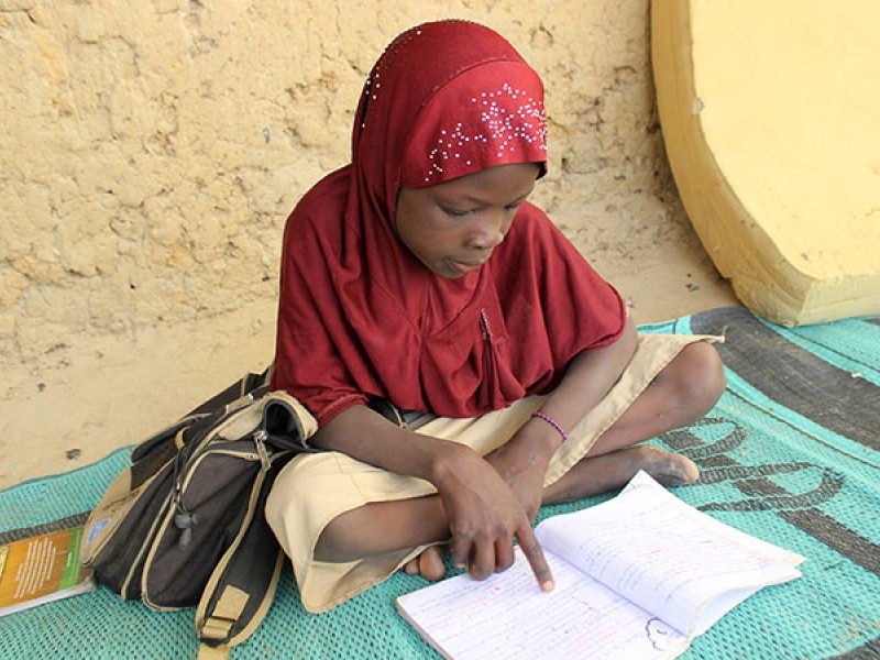 A girl reads a book in Niger