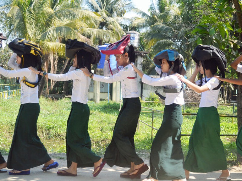Girls taking part in an evacuation drill in Myanmar