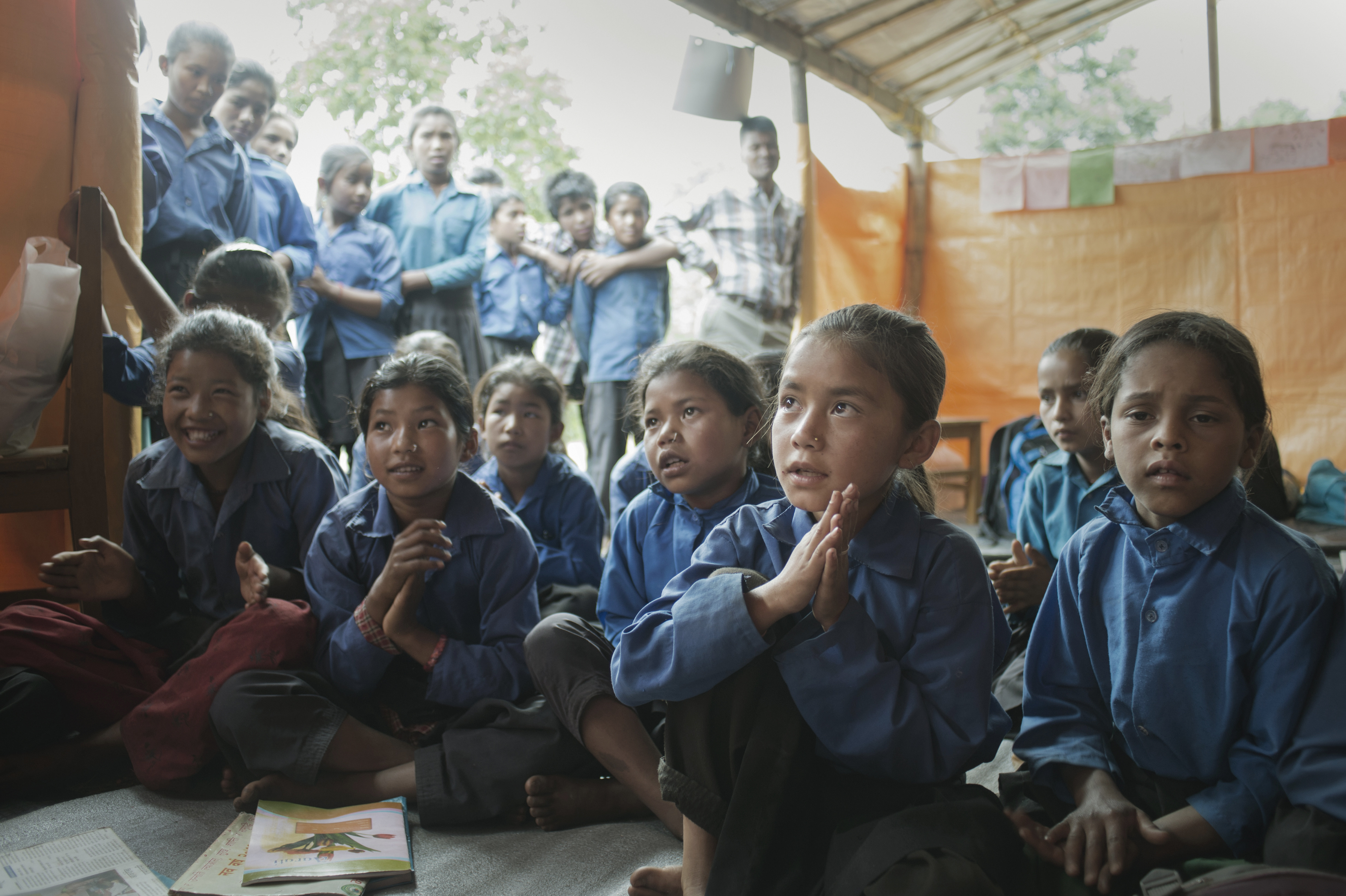 Children learn maths in a temporary school after the Nepal earthquakes