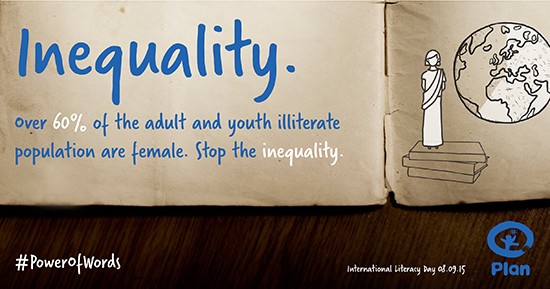 Infographic with a book and text 60% of adult and youth illiterate population are female