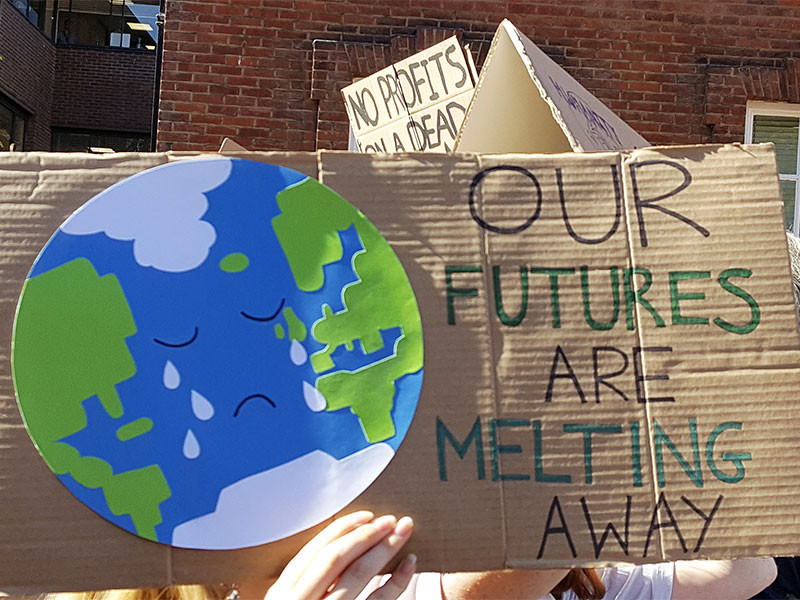 'Our futures are melting away' placard at climate strike action in UK