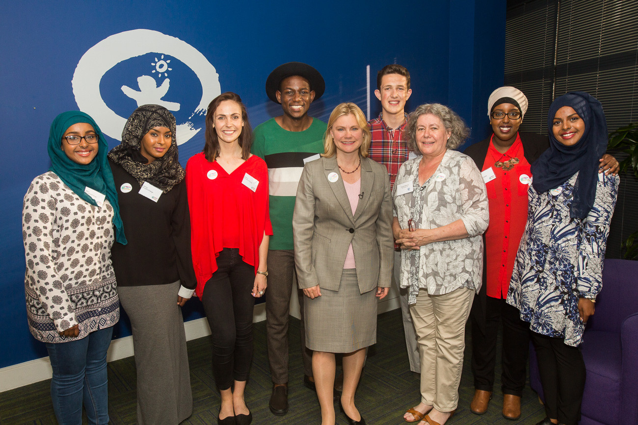 Youth for Change panel members with Secretary of State for International Development, Justine Greening and Plan International UK CEO, Tanya Barron