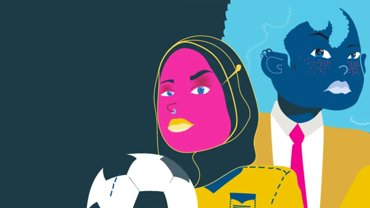 A woman with a pink face and a football ball