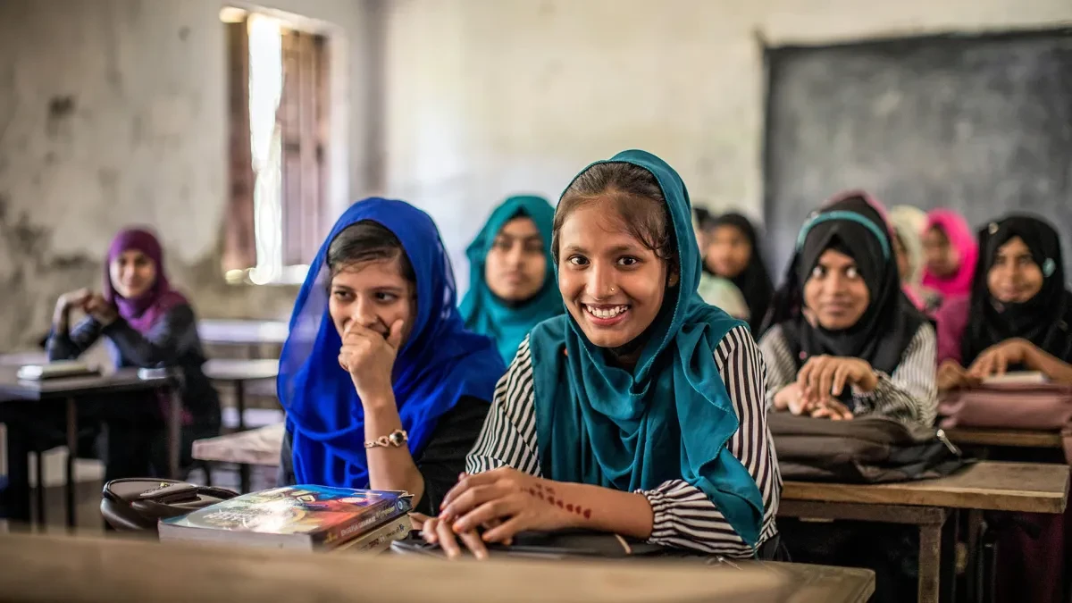 Girls learning in class at the madrasa school in the Bhola district.
