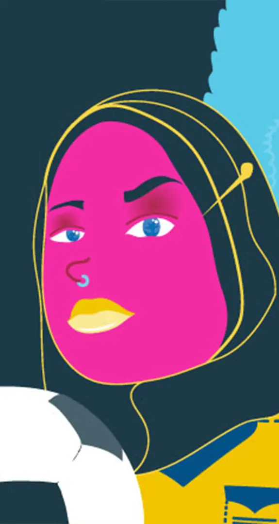 A woman with a pink face and a football ball