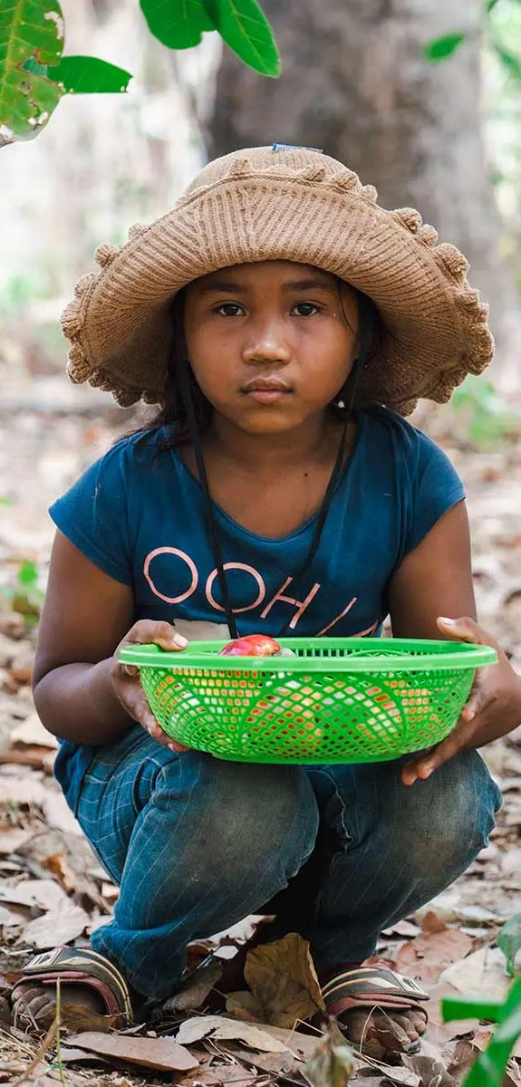 A child sits in leaves