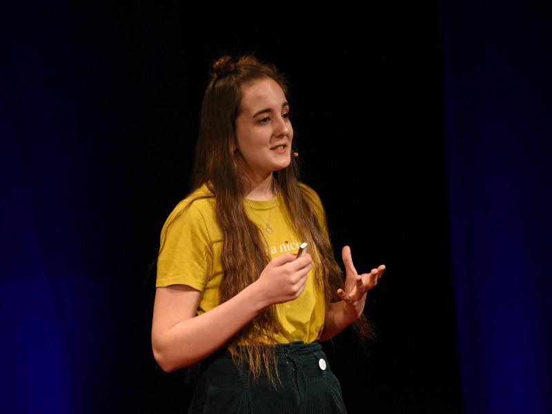 Jess, 18, a youth advocate for Plan International UK, gives a talk at TEDx Exeter on street harassment (Photo: TEDx Exeter)