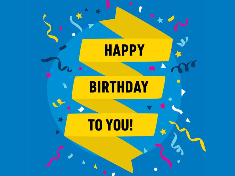 Illustrated banner with happy birthday to you written on it and confetti around it