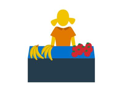 Girl at the desk of tomatoes and bananas