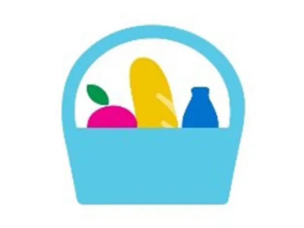 illustration of basket with apple, baguette and drink in it