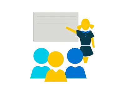 An illustration of a teacher pointing at a black board in front of pupils