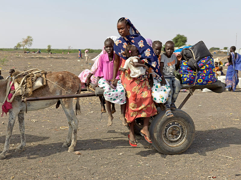 Woman with her children and belongings on a cart being pulled by a donkey.