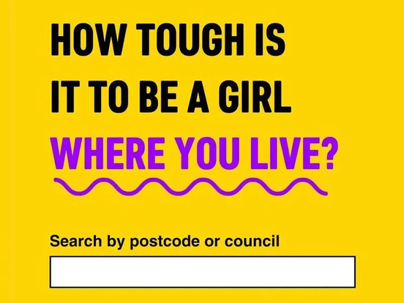 Yellow block with how tough is it to be a girl where you live written on it in black bold text. Where you live is in purple font with a squiggly line underneath it as a highlight. 