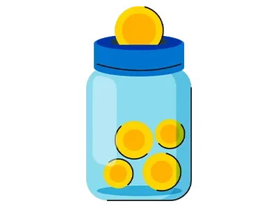 illustration of a gold coin going into a blue jar that has 4 gold coins at the bottom of it