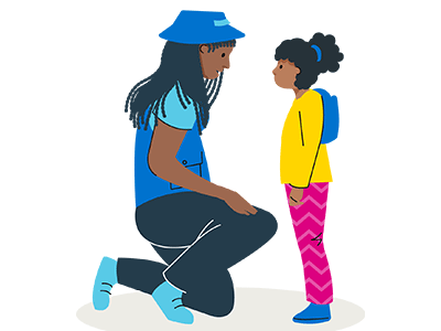 Illustration of adult crouched down talking to girl who is stood up