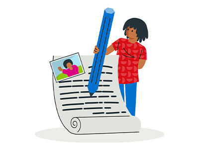 Illustration of person using oversized pencil to write letter