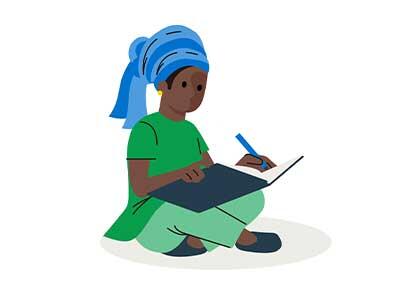 Illustration of person sitting cross legged in green clothes and blue head wrap writing in book.