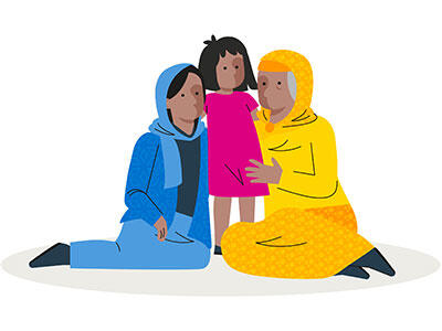 illustration of child in pink dress being hugged by mother and grandmother who are sat each side of them.