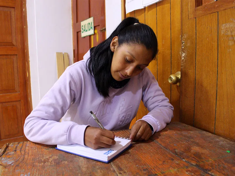 Sonia sat at desk writing in notebook.