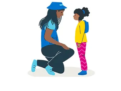 Illustration of adult crouched down talking to child wearing backpack