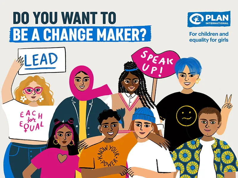 Illustration of group of young people with placards saying lead and speak up