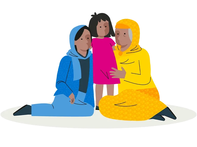 Illustration of child with mother and grandmother, with their arms around each other