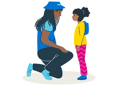 Illustration of adult crouched down talking to child wearing backpack