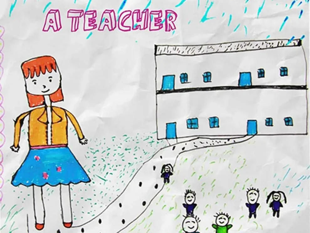 Drawingg from sponsored child showing teacher and school
